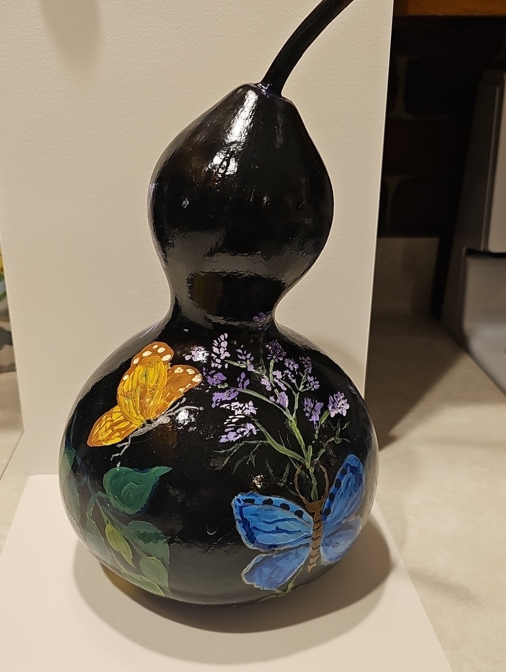Hand-Painted Black Gourd Vase with Butterflies